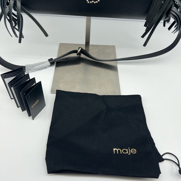 NWT MAJE Sac M Black Studded Leather Embellished Clover Motif Fringe Crossbody - Picture 4 of 13